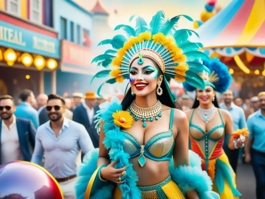 Deslumbrante carnaval de colores y alegría en acuarela Preparación de show carnavalero: Una escena vibrante de carnaval con bailarines y carrozas coloridas