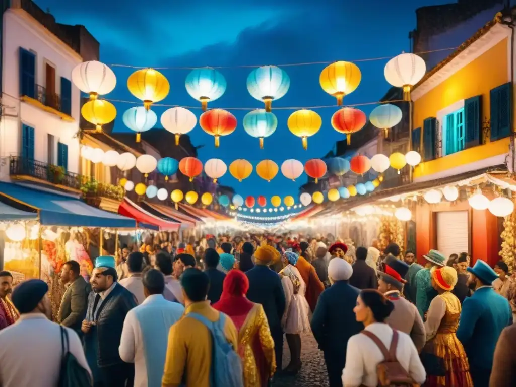 Preparativos nocturnos para el carnaval en las calles de Uruguay Preparativos Carnaval Uruguayo noche: Animada calle uruguaya de noche, llena de gente y coloridos trajes de carnaval