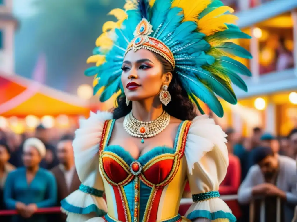 Vedette AfroUruguaya en Carnaval: Clementina deslumbra en escena La primera vedette afrouruguaya en Carnaval deslumbrando con su traje de plumas y cuentas, rodeada de una multitud entusiasta