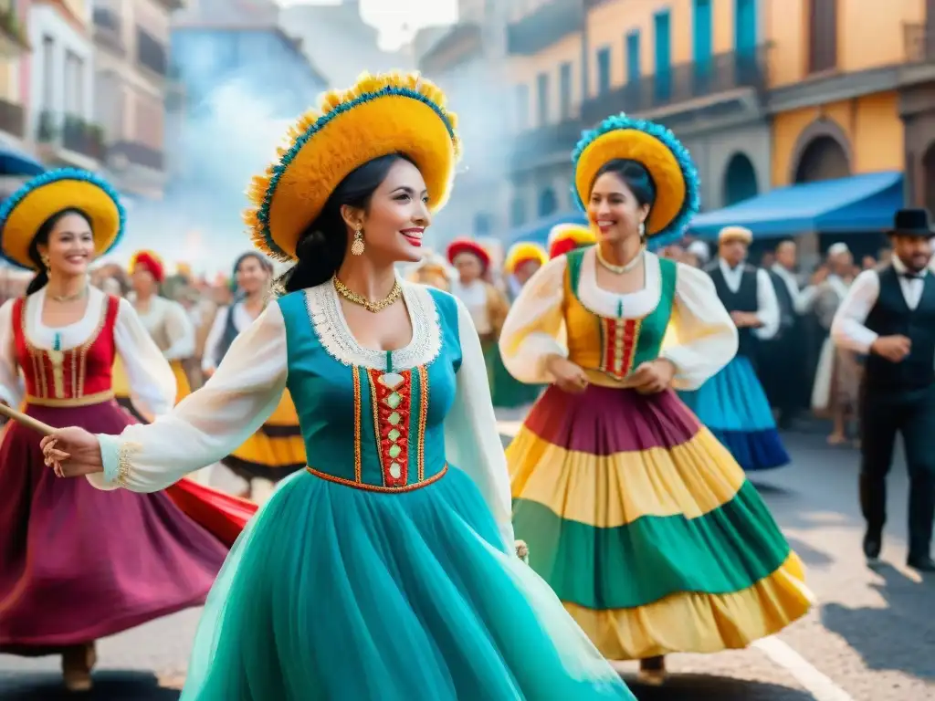 Comparsas uruguayas: tradición y color en acuarela Una procesión colorida de comparsas uruguayas tradición innovación, con trajes detallados y bailes dinámicos en festival callejero