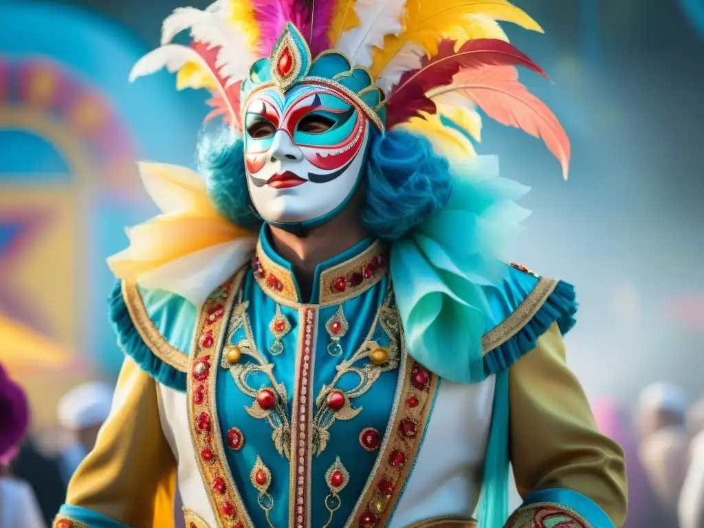 Elaborado diseño de traje de Carnaval en Uruguay Proceso creativo traje Carnaval Uruguayo: Detalles vibrantes y elaborados en una pintura acuarela de un diseño ganador de traje de Carnaval en Uruguay