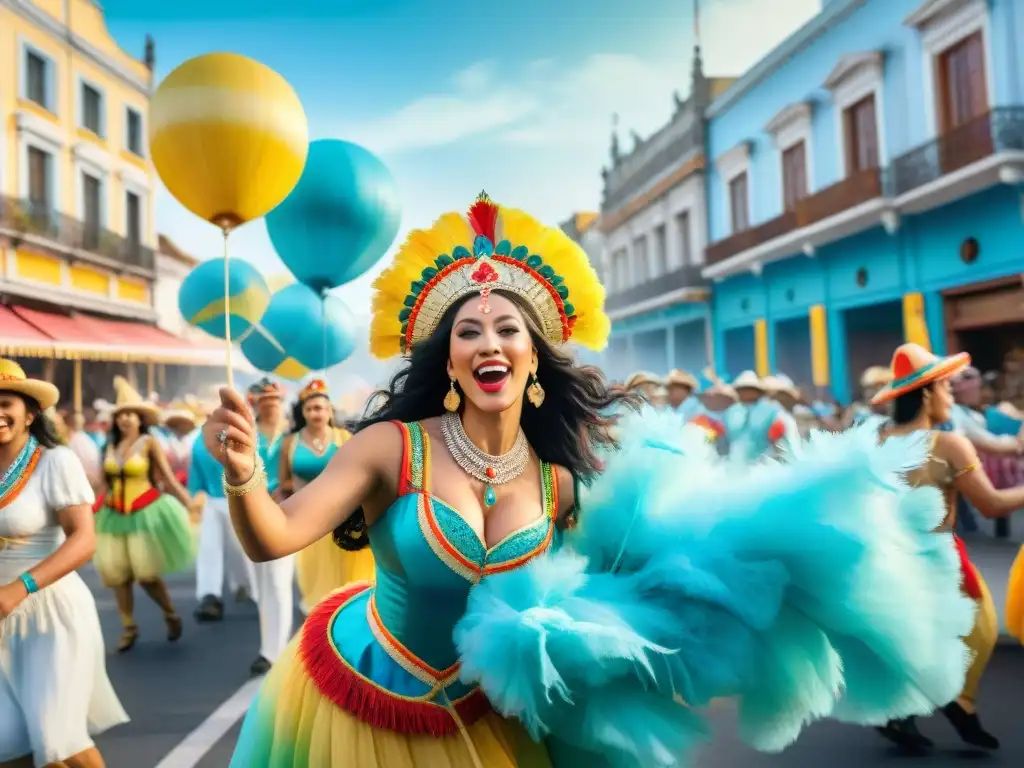 Vibrante Carnaval en Uruguay: Detalle Acuarela Disfruta de las promociones en hoteles durante el Carnaval en Uruguay con esta colorida ilustración de una vibrante escena de carnaval
