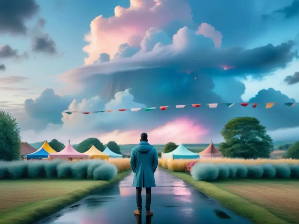 Plaza del pueblo en calma antes de la tormenta Un pueblo tranquilo antes de la tormenta del Carnaval: una figura solitaria en un colorido traje mira hacia una tormenta distante