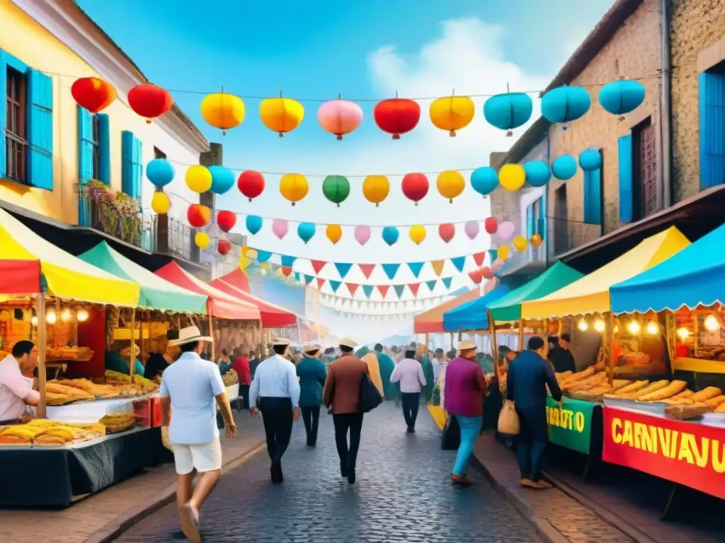 Pintura acuarela: Carnaval uruguayo con comida tradicional Puestos de comida en un animado carnaval uruguayo, con platos tradicionales y ambiente festivo