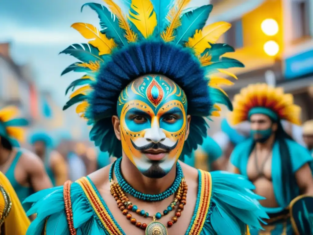 Deslumbrante Carnaval en Uruguay: colorida celebración Realidad aumentada Carnaval Uruguayo: Desfile vibrante de danzarines y música festiva en pintura acuarela mágica