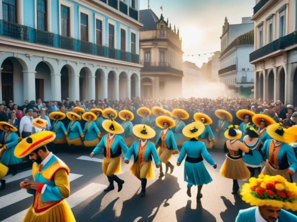 Deslumbrante desfile de Carnaval en Uruguay Recetas tradicionales Carnaval Uruguayo: Detallada ilustración de un vibrante desfile callejero durante el Carnaval en Uruguay