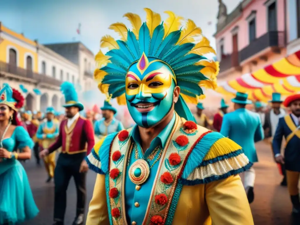 Carnaval vibrante en Uruguay: colores, baile y alegría Resiliencia del Carnaval Uruguayo: Pintura acuarela vibrante de un desfile colorido y animado en Uruguay, con trajes detallados y música tradicional