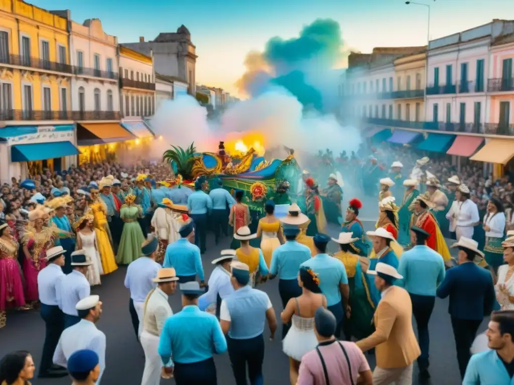 Pintura acuarela de carnaval vibrante en Uruguay Celebra la resiliencia del Carnaval Uruguayo con un vibrante desfile lleno de color y alegría en las calles históricas
