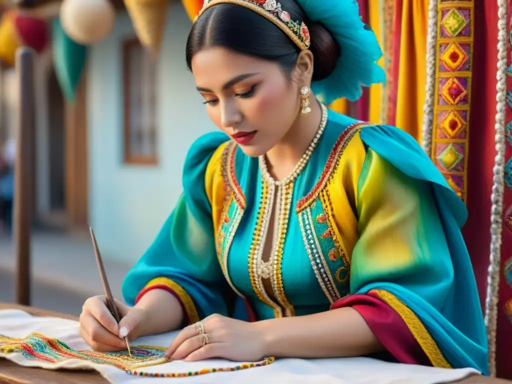 Restauración de traje de carnaval uruguayo: arte y tradición Restauración de traje de Carnaval Uruguayo: artesano cuidadosamente cosiendo piezas vibrantes para conservación trajes Carnaval Uruguayo