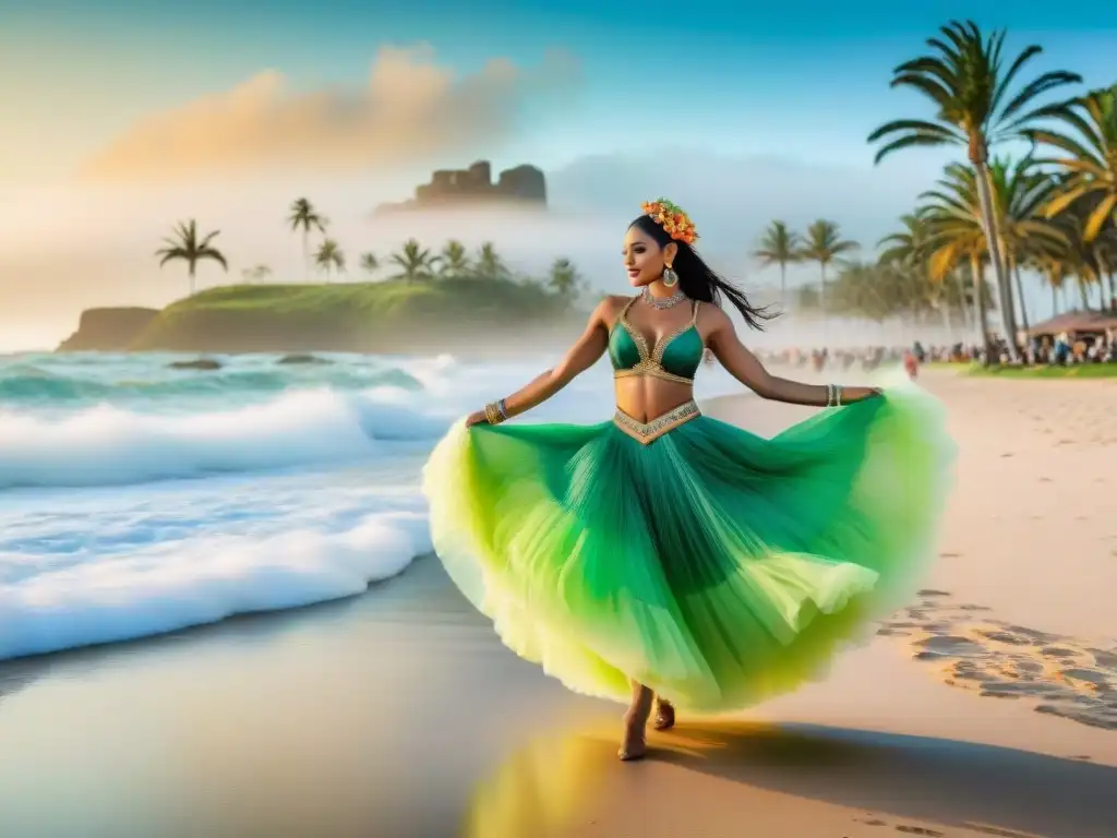 Retiros de bienestar durante Carnaval: Coloridos bailarines en la playa de Uruguay reflejan la alegría festiva bajo un cielo despejado