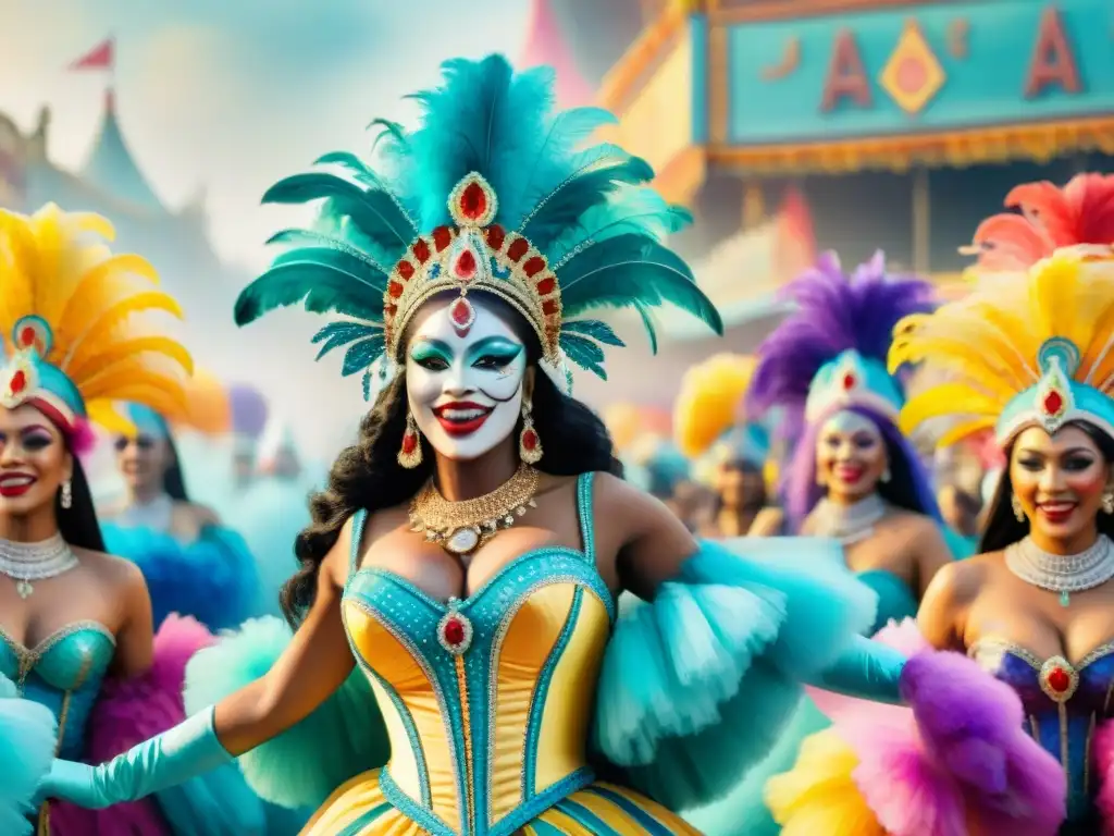 Acuarela detallada de musas de carnaval vibrantes Retratistas del Carnaval Uruguayo: Detallado cuadro acuarela de musas festivas con trajes y maquillaje elaborado en desfile animado