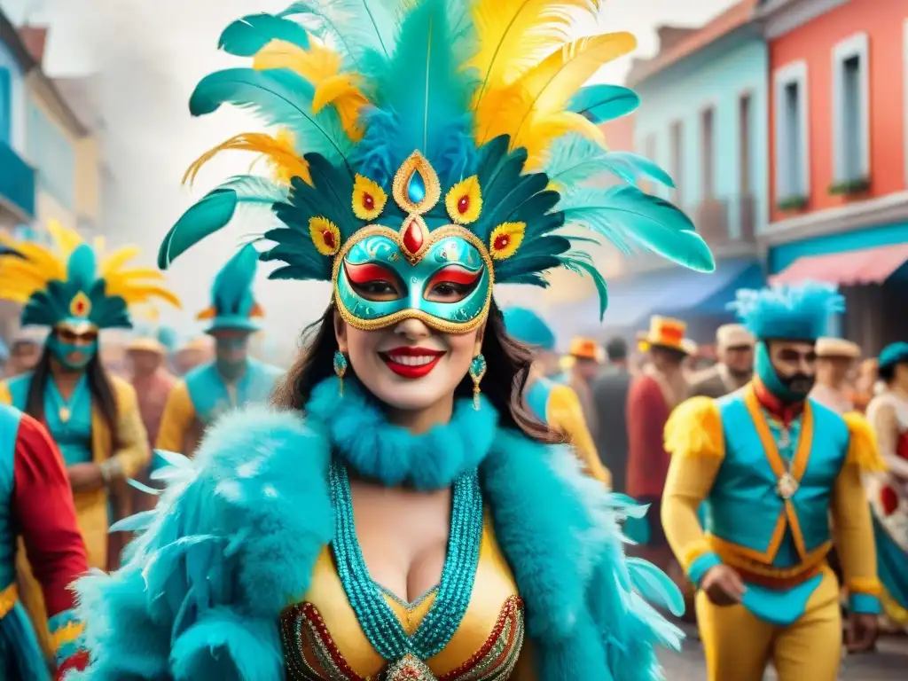 Retrato colorido de carnaval en Uruguay Retratistas del Carnaval Uruguayo: Vívida pintura acuarela de festivos participantes con máscaras y trajes coloridos en Uruguay
