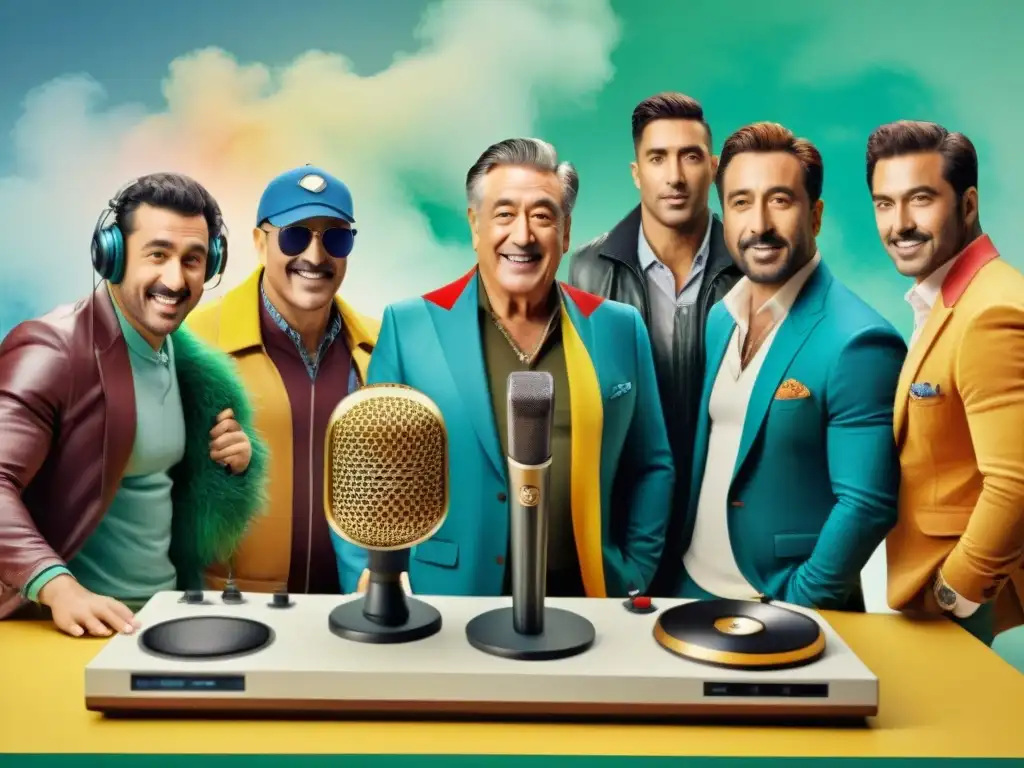 Ilustración acuarela de parodistas uruguayos en estudio de radio Un retrato acuarela de parodistas uruguayos en estudio de radio vibrante