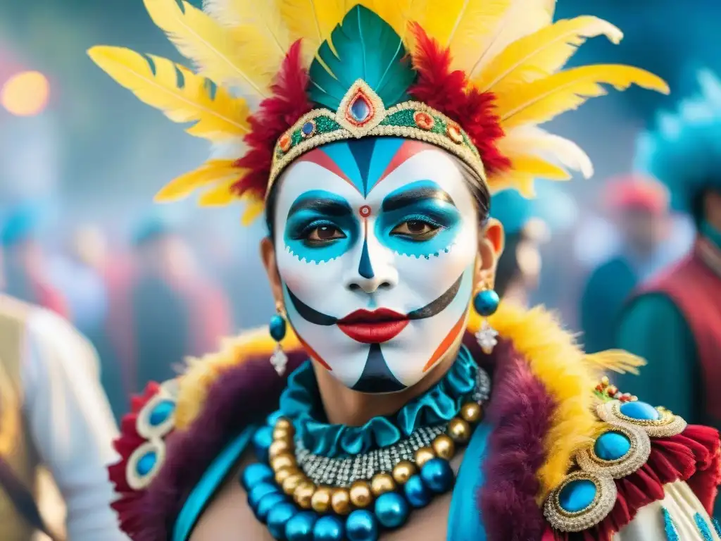 Retrato vibrante de un performer en el Carnaval de Uruguay Un retrato colorido y emocional de un artista en el Carnaval Uruguayo, mostrando alegría y misterio