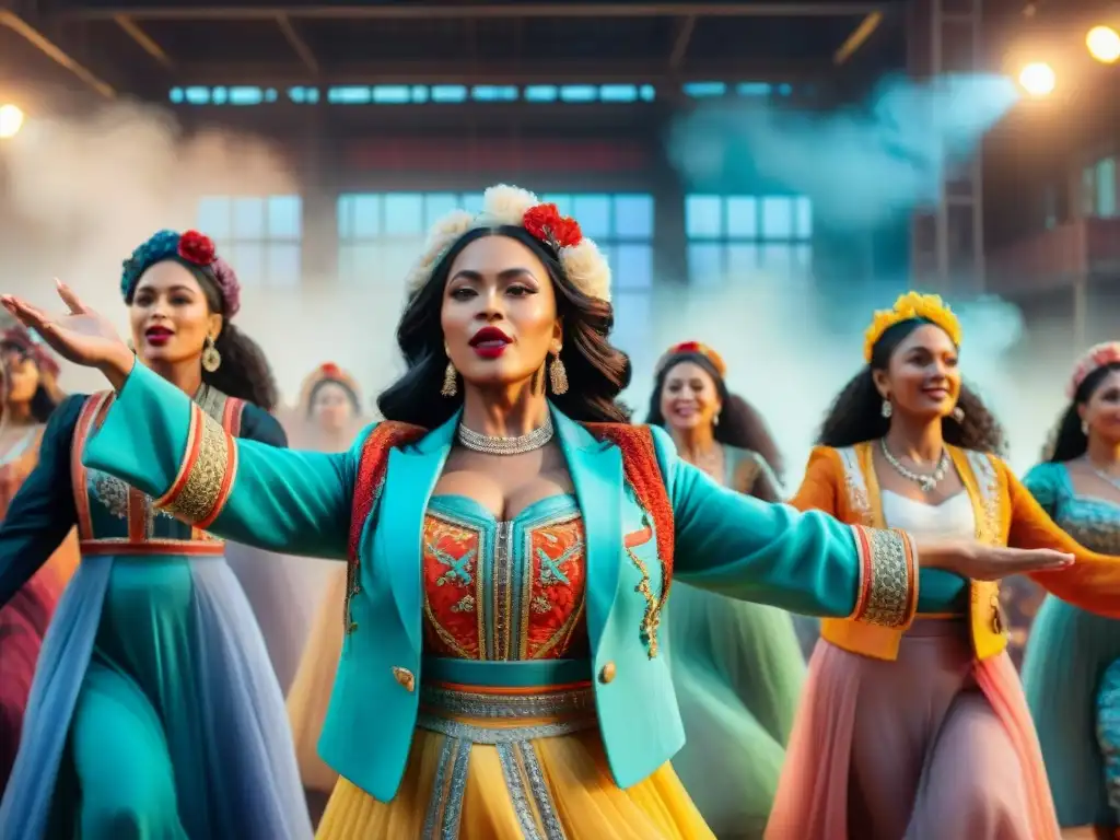 Empoderamiento femenino en el mundo de parodistas y revistas Retrato acuarela de mujeres en parodistas uruguayos, empoderadas y coloridas, brillando en escena