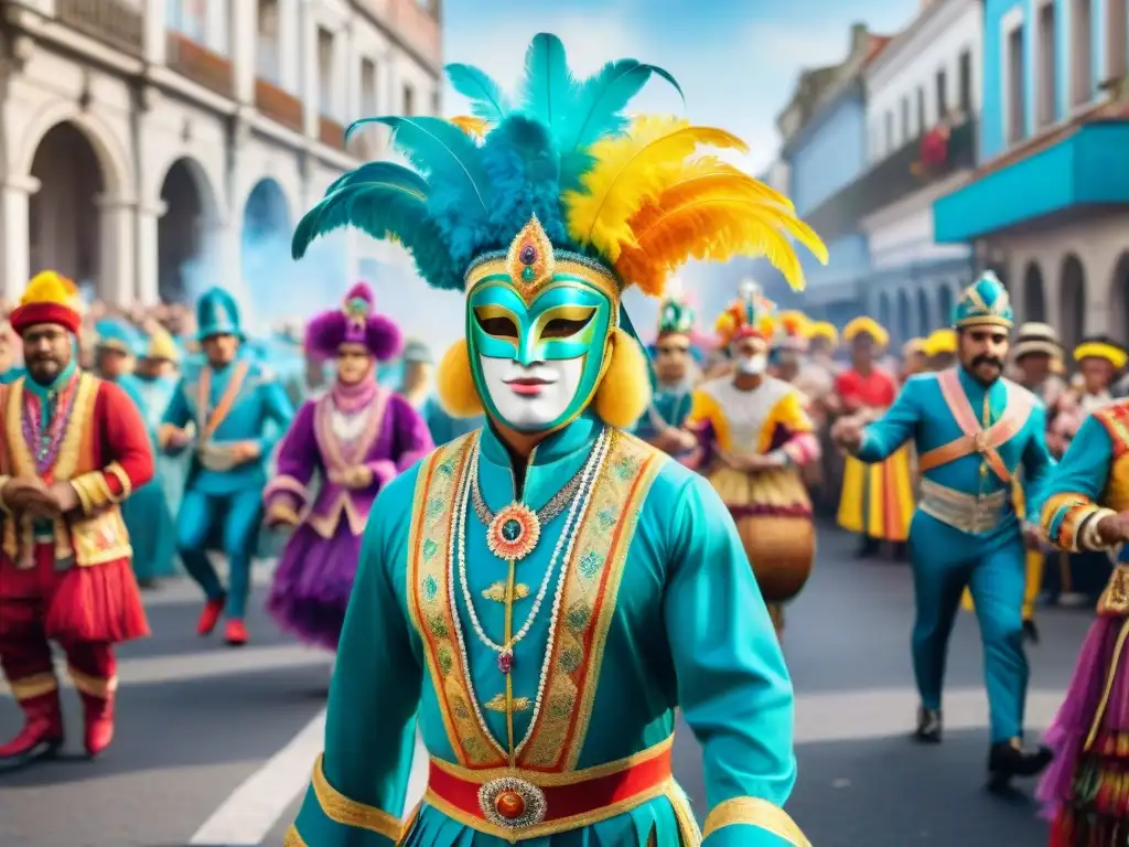 Deslumbrante Carnaval en Uruguay: pintura detallada Riqueza cultural Carnaval Uruguayo: Detalle acuarela vibrante de desfile con disfraces y máscaras coloridas en Uruguay