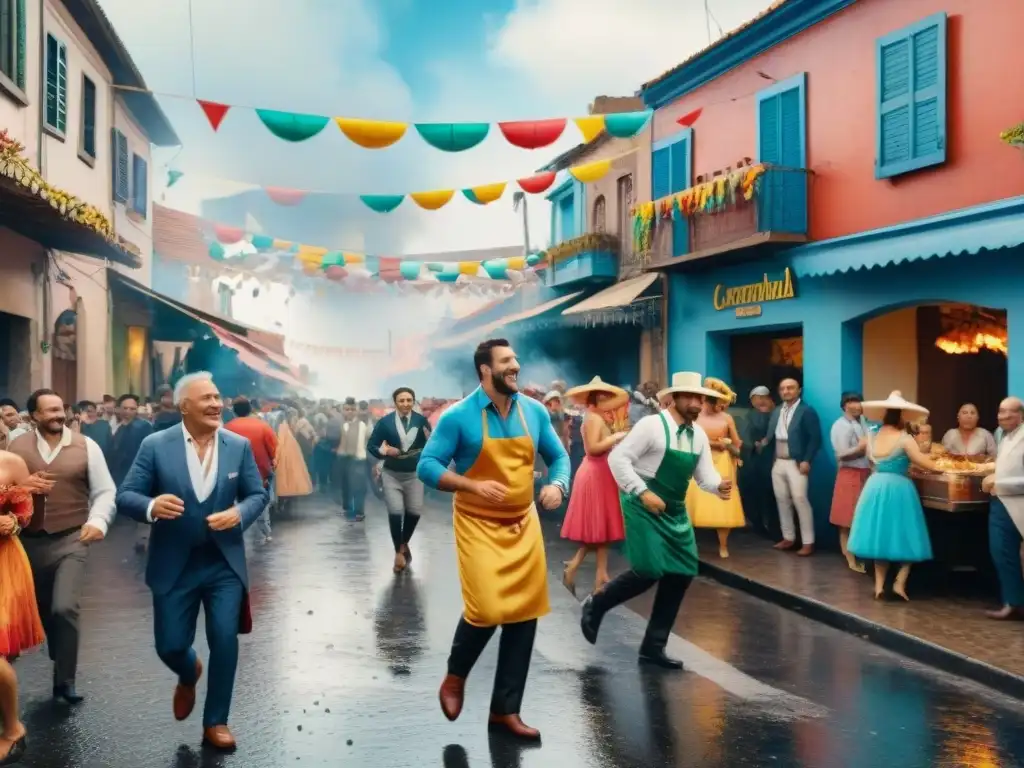 Carnaval en Uruguay: Gastronomía y Alegría Ruta gastronómica durante Carnaval en Uruguay: comparsas coloridas bailan y exhiben platos típicos como asado, choripán y chivito en una calle festiva