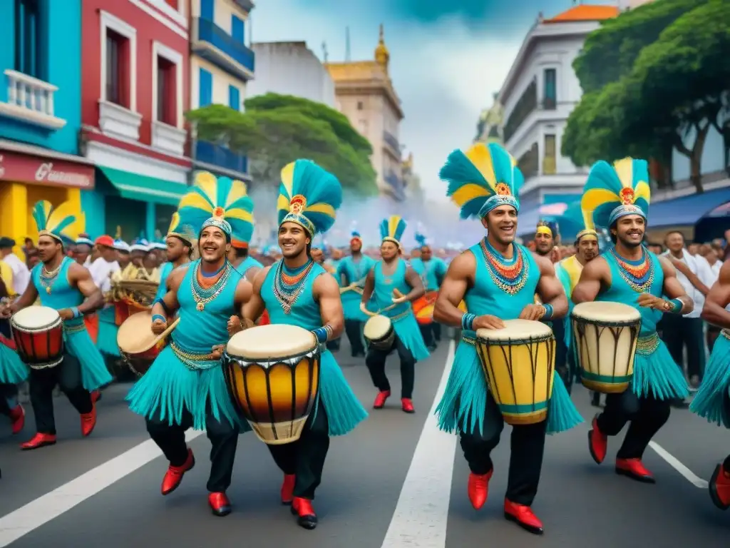Desfile colorido de candombe en Montevideo Ruta del Candombe en Montevideo: Vibrante calle llena de tambores y espectadores animados