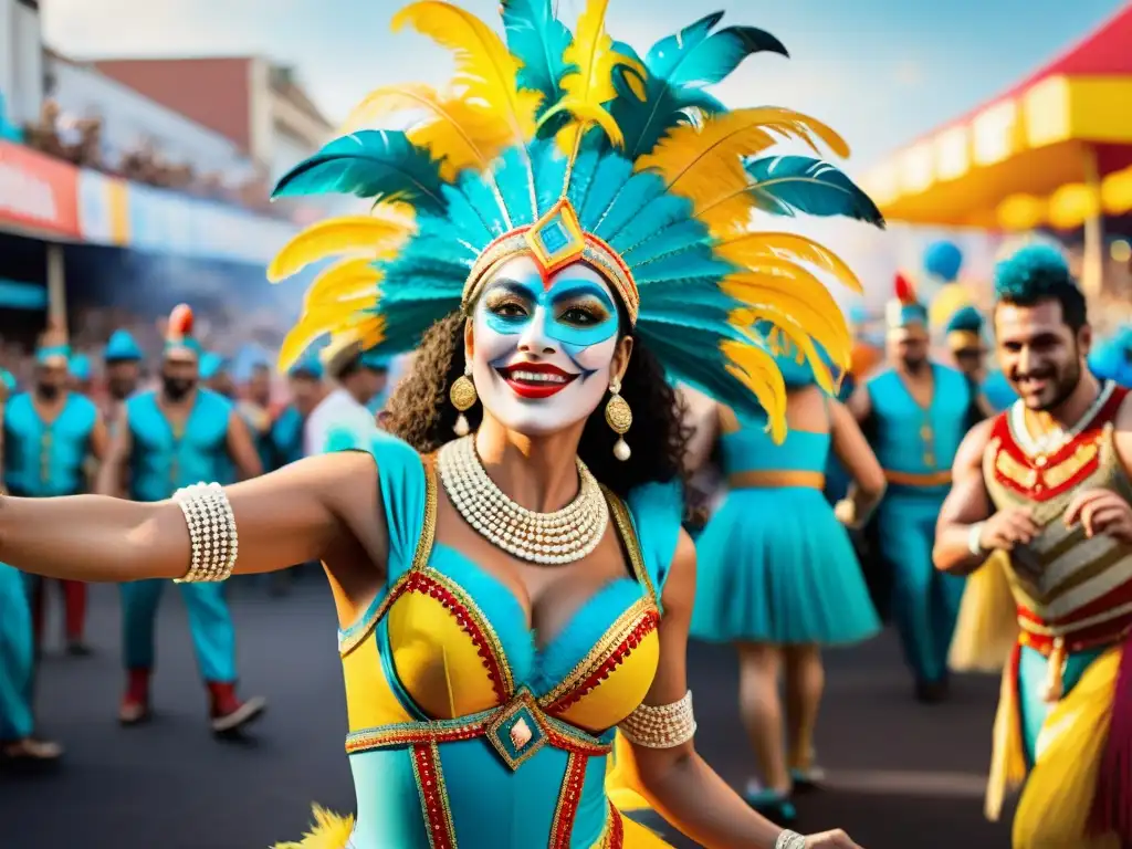 Colorida celebración del Carnaval Uruguayo Salud artistas del Carnaval Uruguayo danzando con pasión y alegría entre la multitud enérgica y colorida de un desfile festivo