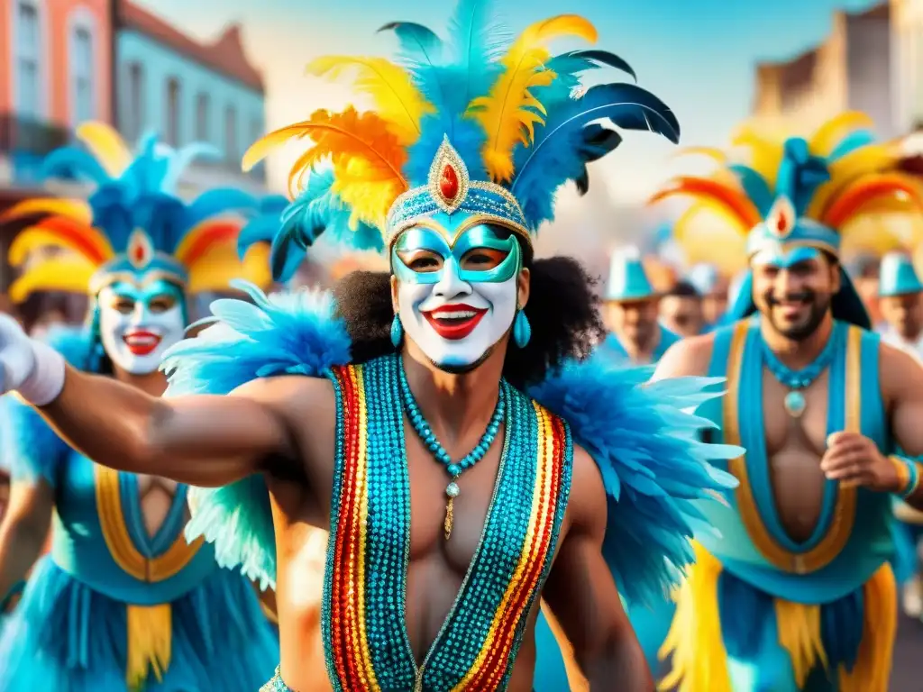Colorida celebración de carnaval en Uruguay Descubre los secretos del Carnaval Uruguayo viajero conocer en vibrante ilustración acuarela