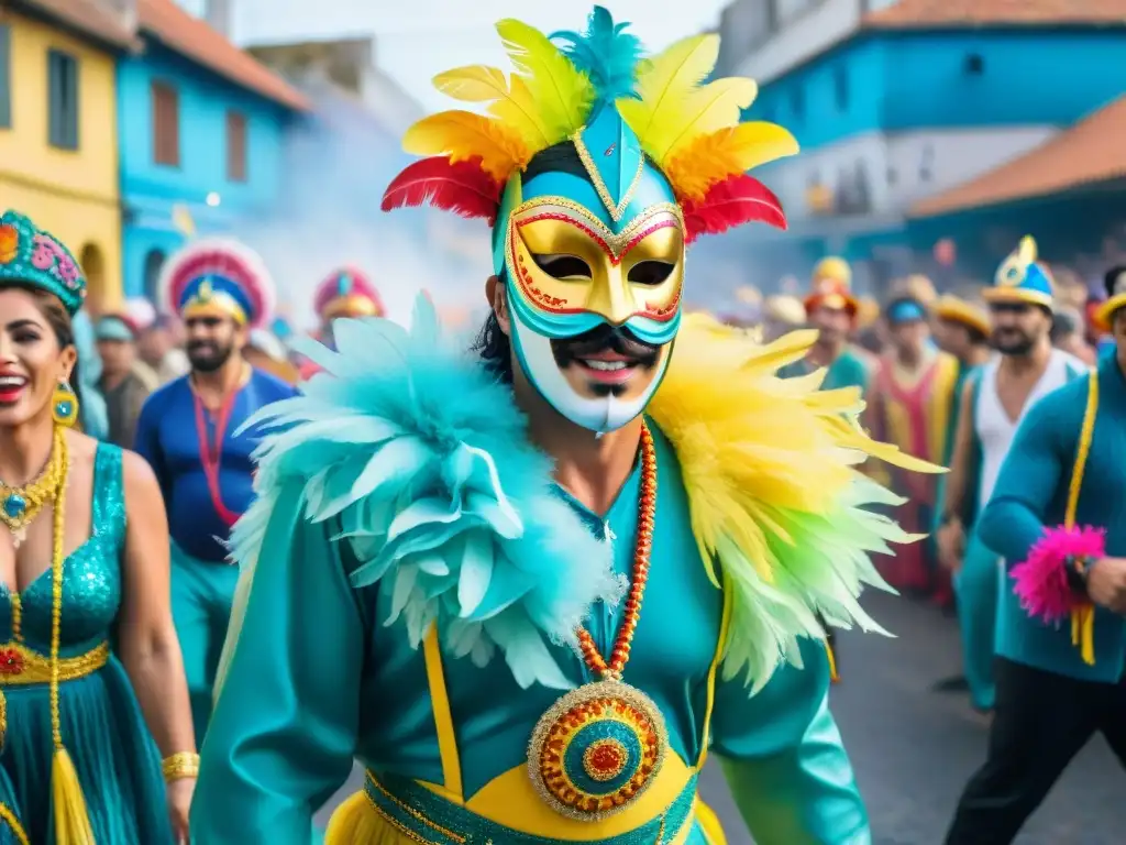 Carnaval vibrante: danzas, color y caos en Uruguay Secretos de organización del Carnaval Uruguayo: desfile vibrante y caótico con bailarines y espectadores festivos