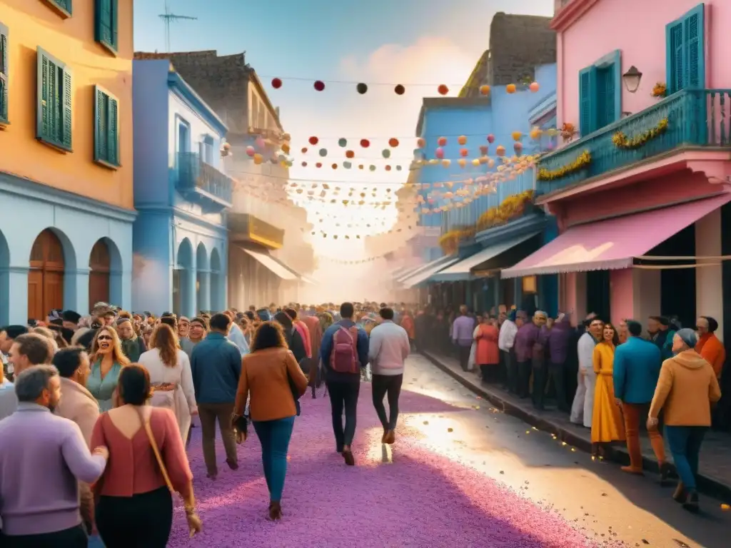 Carnaval en Uruguay: colorida celebración en la calle Secretos de la organización del Carnaval Uruguayo: una ilustración detallada de una bulliciosa calle durante la festividad, llena de color y vida