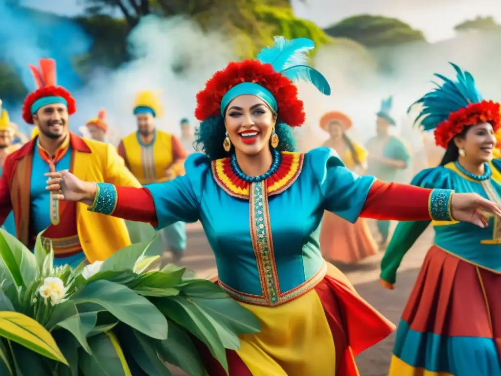 Celebra la sostenibilidad en el Carnaval Uruguayo con un vibrante desfile de personas y coloridos trajes tradicionales entre la naturaleza exuberante