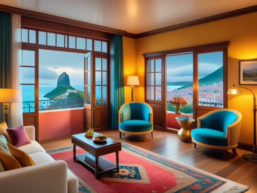 Suite de lujo en Carnaval Uruguayo: Vista panorámica y elegancia festiva Una suite exclusiva en el Carnaval Uruguayo: decoración elegante, muebles lujosos y vista impresionante de la festividad