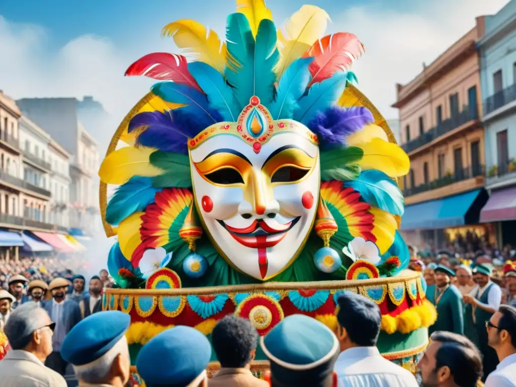 Desfile de Carnaval en Montevideo: pintura acuarela vibrante Sumérgete en el Carnaval Uruguayo con este detallado cuadro acuarela de una colorida carroza desfilando por Montevideo