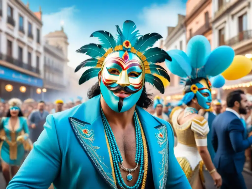 Desfile de Carnaval Uruguayo: colorido y mágico Sumérgete en el Carnaval Uruguayo con esta vibrante ilustración acuarela de un desfile colorido y festivo en Montevideo