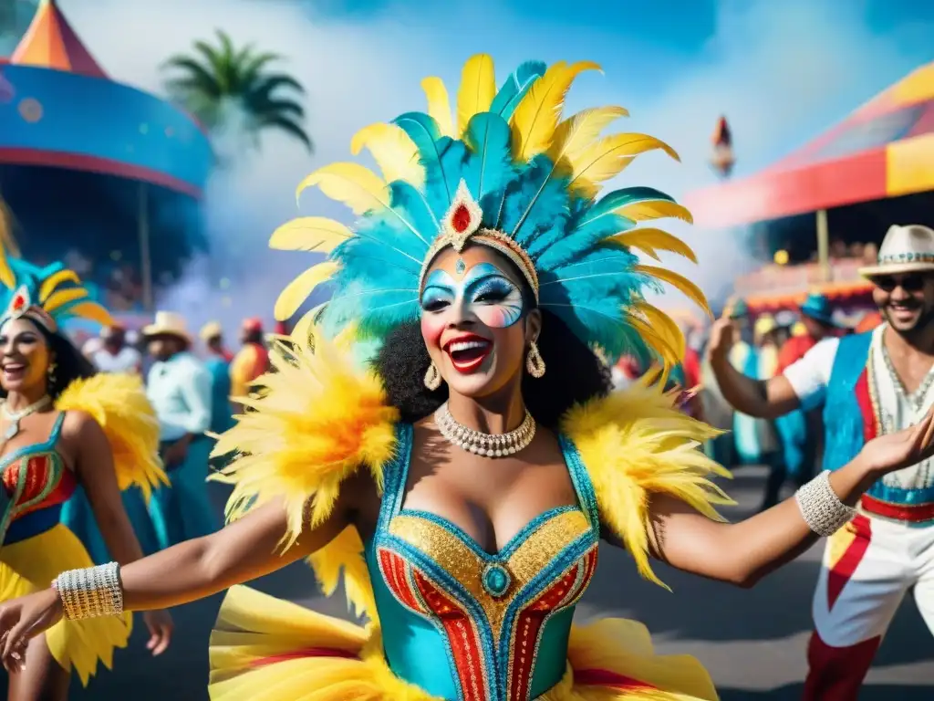 Baile festivo en Carnaval uruguayo Sumérgete en la energía del Carnaval Uruguayo online: grupo alegre bailando con coloridos trajes y plumas en fiesta vibrante