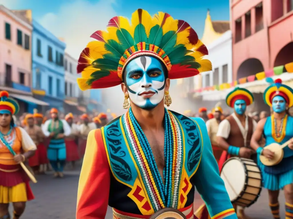 Retrato acuarela de Tabaré Etcheverry en la vibrante murga uruguaya Tabaré Etcheverry en el corazón de la historia de la murga moderna, rodeado de color y tradición uruguaya