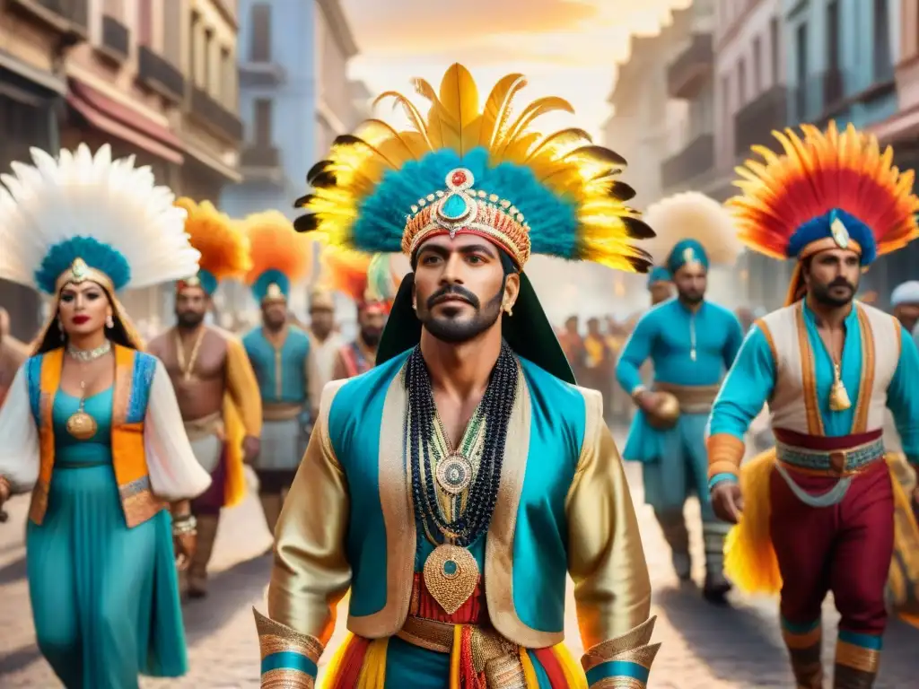 Tabaré Etcheverry lidera murga colorida en Montevideo Tabaré Etcheverry lidera una murga vibrante y colorida por Montevideo al atardecer