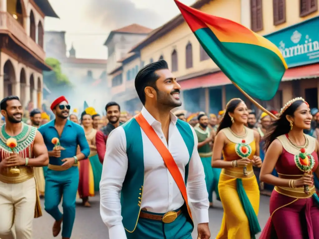 Tabaré Etcheverry liderando alegre desfile de murga en acuarela detallada Tabaré Etcheverry lidera una vibrante murga en una detallada acuarela, capturando la historia moderna de la murga con pasión y alegría