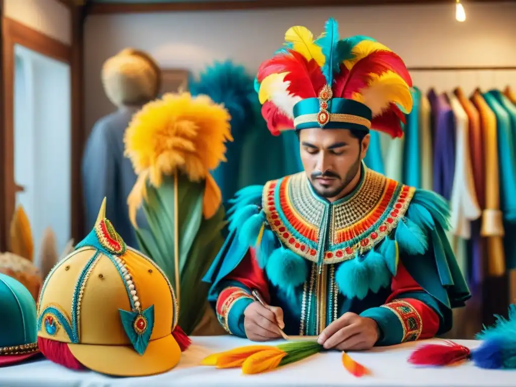 Artesanos creando disfraces de carnaval en Uruguay Un taller bullicioso donde artesanos crean Disfraces del Carnaval Uruguayo con pasión y detalle, rodeados de colores vibrantes