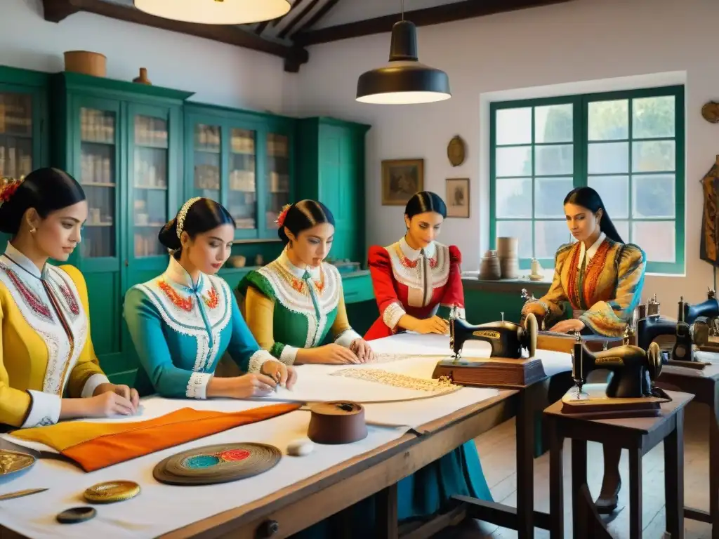 Conservadores de trajes restaurando trajes de carnaval en talleres soleados Un taller soleado de conservadores de trajes en Carnaval Uruguayo, cosiendo con dedicación y orgullo