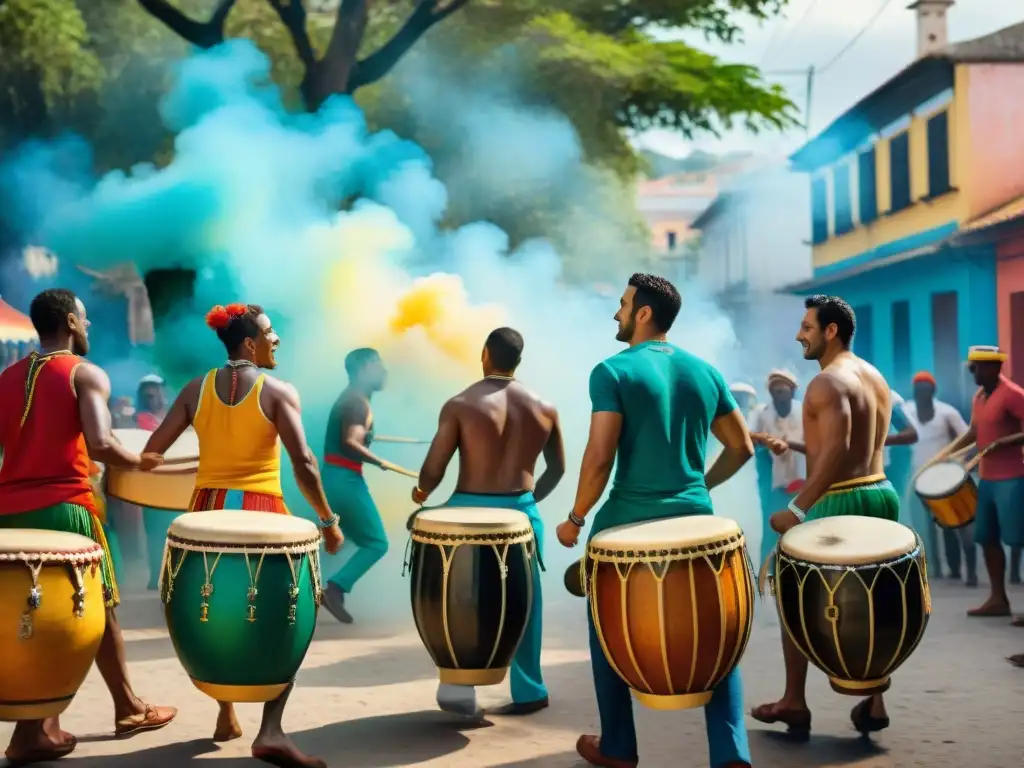 Vibrante taller de Candombe: conexión cultural y social Talleres de candombe en Uruguay: Grupo diverso disfruta de un taller bajo ceibos, edificaciones coloridas al fondo