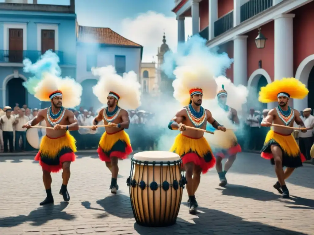 Vibrantes Tambores de Candombe en Plaza Uruguaya Talleres de Candombe en Uruguay: Vibrante pintura acuarela de tamborileros en plaza soleada