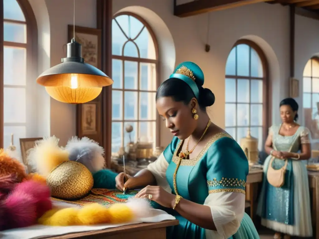 Costureras creando trajes de carnaval: fusión de tradición y modernidad Talleres de costura para carnaval: Colorido taller con costureras de diversas edades y culturas creando trajes únicos