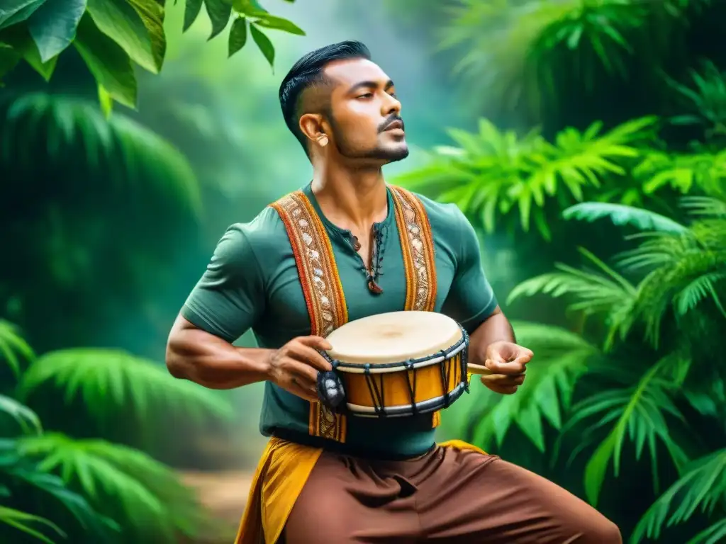 Tamborilero vibrante en la selva: pasión y ritmo Un tamborilero se prepara físicamente para Candombe en la exuberante selva