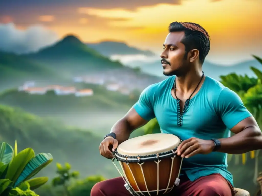 Ilustración acuarela: Tamborilero de Candombe bajo la luna Un Tamborilero tocando un tambor raro en el Candombe bajo la luna, rodeado de vegetación y casas coloridas