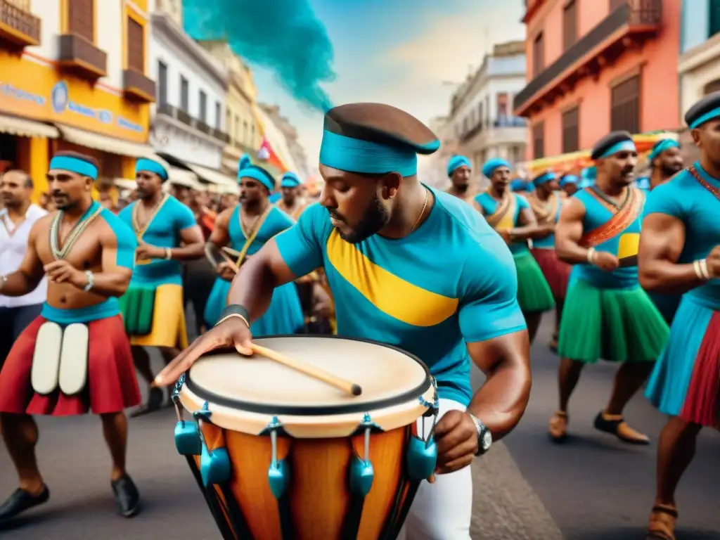 Apasionados tamborileros de candombe en Montevideo Tamborileros expertos en vibrante carnaval de Montevideo, con movimientos y expresiones intensas