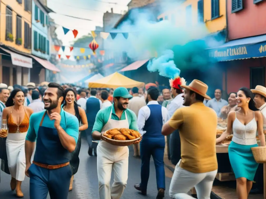 Pintura acuarela detallada: Carnaval uruguayo con asado y baile Celebra la tradición culinaria del Carnaval Uruguayo en vibrante pintura acuarela