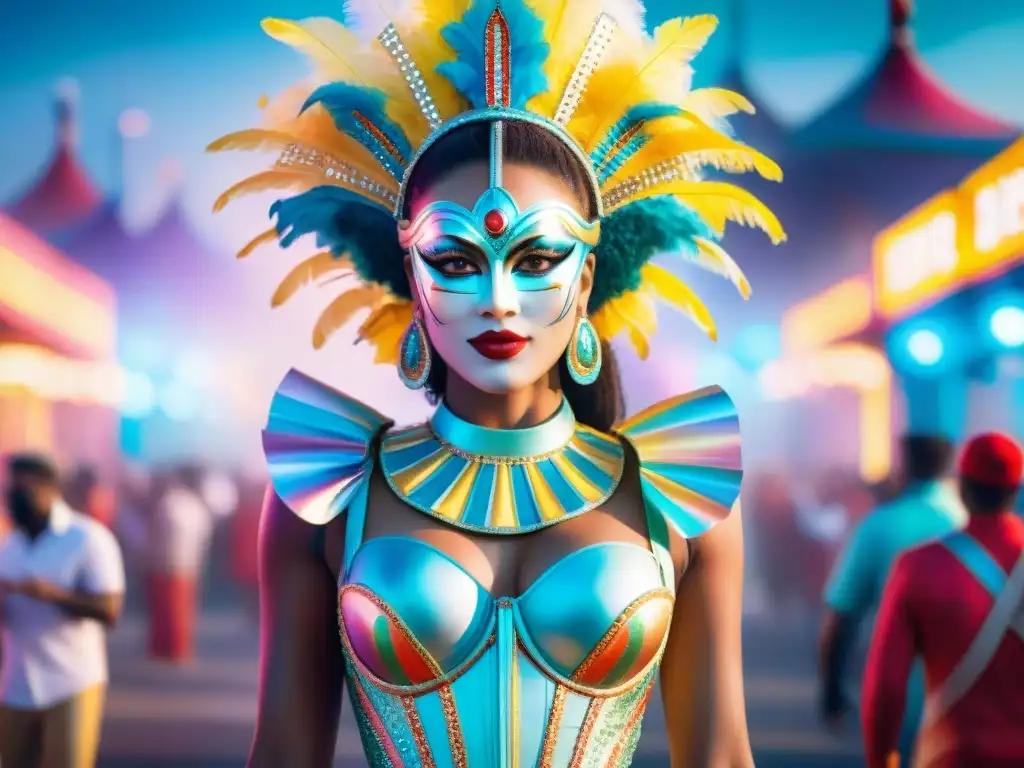 Traje de carnaval futurista con luces LED y holografías Un traje de carnaval futurista con tecnología LED y holográfica, fusionando lo tradicional con lo tecnológico en un deslumbrante despliegue visual