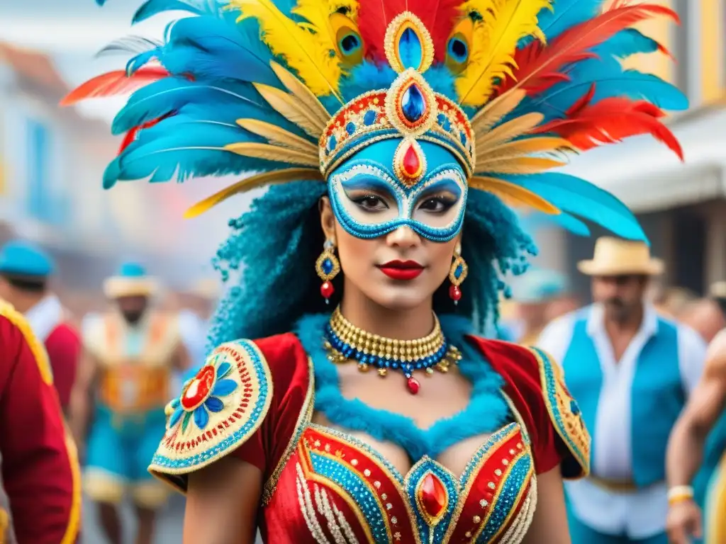 Traje de Carnaval de Uruguay: colorido y ornamental Un traje de Carnaval uruguayo: bordados intrincados, colores vibrantes de rojo, azul y dorado, encajes delicados y lentejuelas brillantes