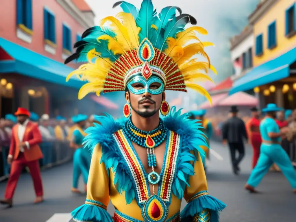 Vibrante Carnaval Uruguayo: Detalles y Colorido Un traje de Carnaval Uruguayo con joyas ocultas y colores vibrantes en medio de la celebración callejera