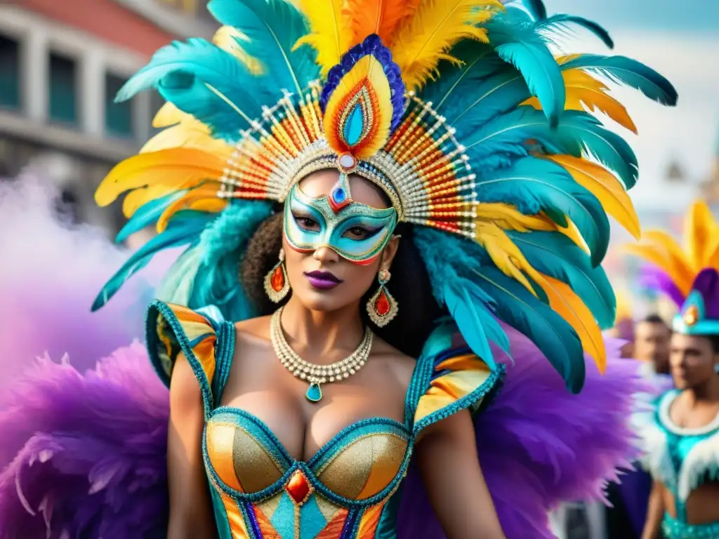 Deslumbrante traje de carnaval uruguayo en detallada acuarela Un traje de carnaval uruguayo vibrante y elaborado, con detalles intrincados y colores brillantes, en medio de un desfile bullicioso