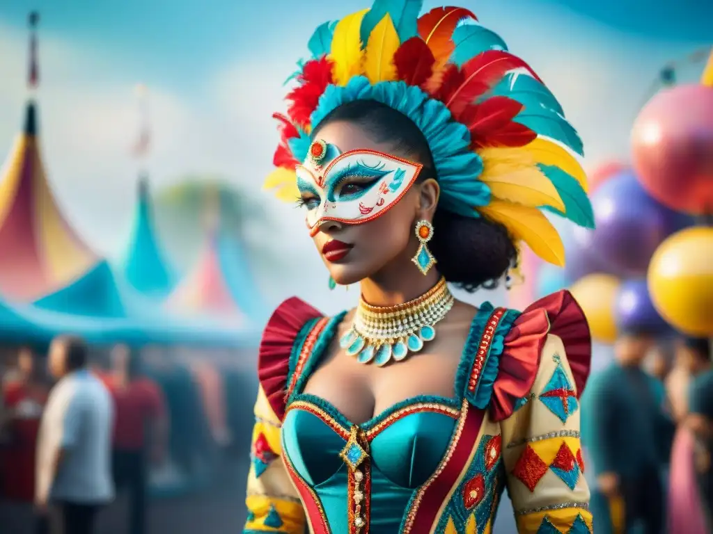 Traje de carnaval sostenible: fusión de tradición y modernidad Un traje de carnaval vibrante y detallado con materiales sostenibles, rodeado de una escena festiva