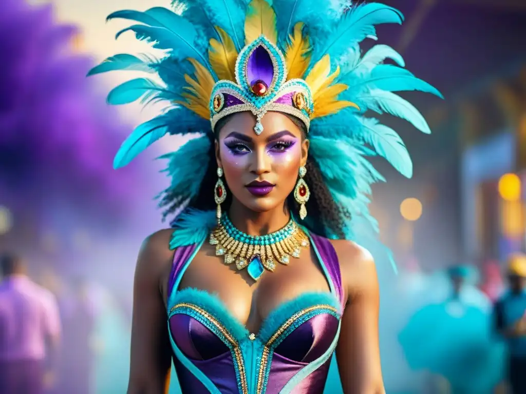 Deslumbrante disfraz de carnaval: plumas, lentejuelas y colores vibrantes Un traje de carnaval vibrante y elaborado con plumas, lentejuelas y detalles intrincados en tonos morados, dorados y turquesas