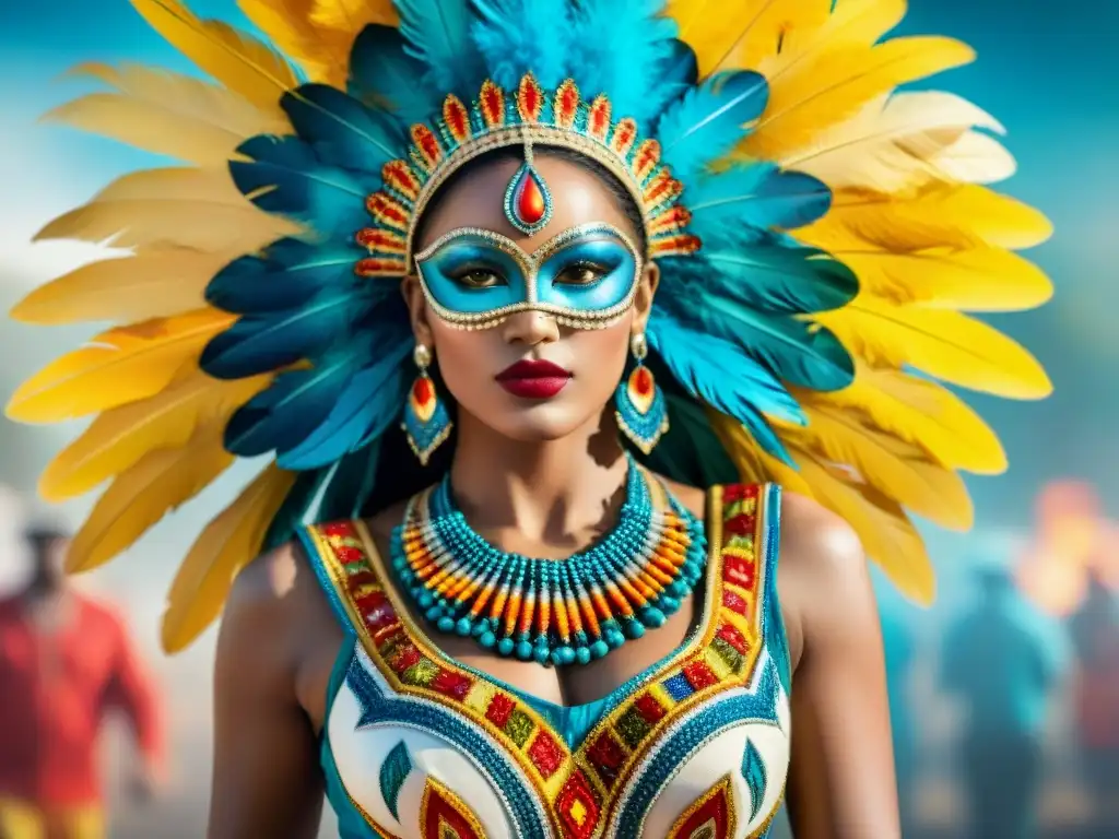 Traje de Carnaval de Uruguay: Detalles Coloridos y Festivos Un traje de carnaval vibrante inspirado en las raíces culturales del Carnaval Uruguayo, con detalles de plumas y bordados